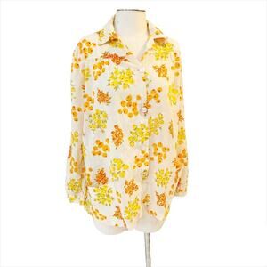 Vintage Cream Mustard Orange Lightweight Woven Longsleeve Button-Down Apron Top